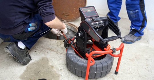 Sowrkers inspecting sewer line with a modern equipment